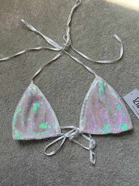 12th Tribe Iridescent Sequins Triangle Top-White/Pink Shimmer Festival NWT small